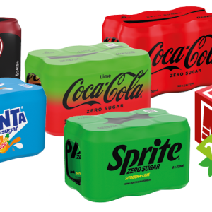 coca-cola zero, dr. pepper zero, fanta zero tai/eller sprite zero 6-pack