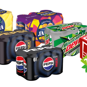 Pepsi max, Jaffa sokeriton/sockerfri, 7up zero tai/eller Mountain Dew no sugar 6-pack