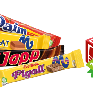 daim, japp, dubbel nougat tai/ eller pigall suklaapatukat/chokladstänger